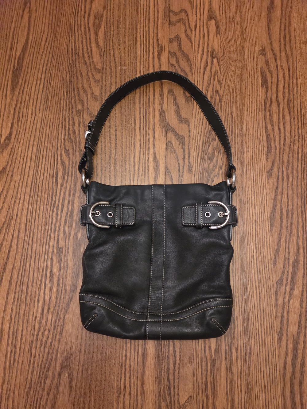 Coach Soho Black Leather Shoulder Bag with Buckle Detail